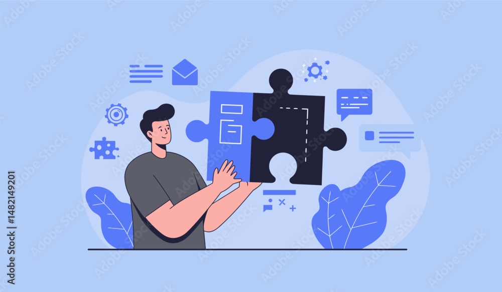 Poster concept of problem solving and teamwork illustrated by connecting puzzle pieces