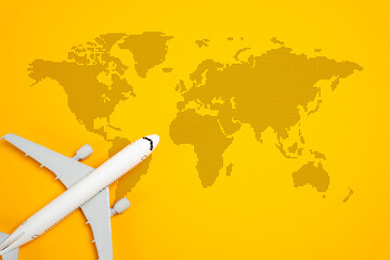 Airplane and world map. Passenger air transportation. International flights. World tourism. Worldwide passenger movement, globalization, and the importance of efficient transportation networks.