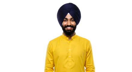 Cheerful Indian Sikh Man in Yellow Kurta Smiling Isolated on Transparent Background Stock Photo for Festive Celebrations and Cultural Themes
