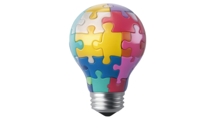 Colorful Multicolored Puzzle Piece Shaped Light Bulb Representing Creative Ideas and Teamwork Isolated on White Background