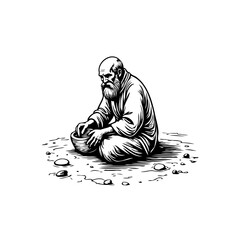 Monochrome illustration of an older man meditating with a bowl on pebbles