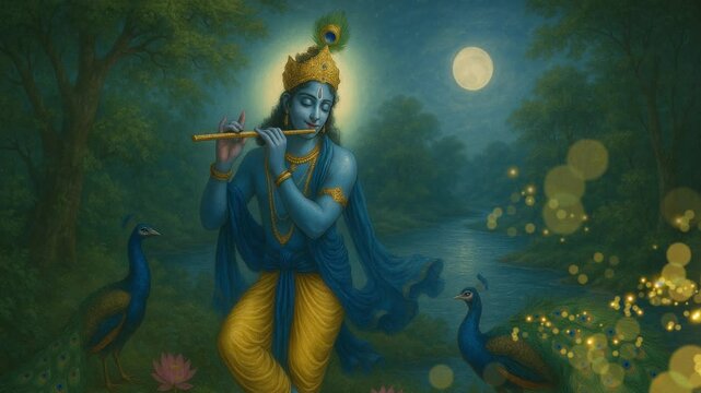 lord krishna playing flute with serene background