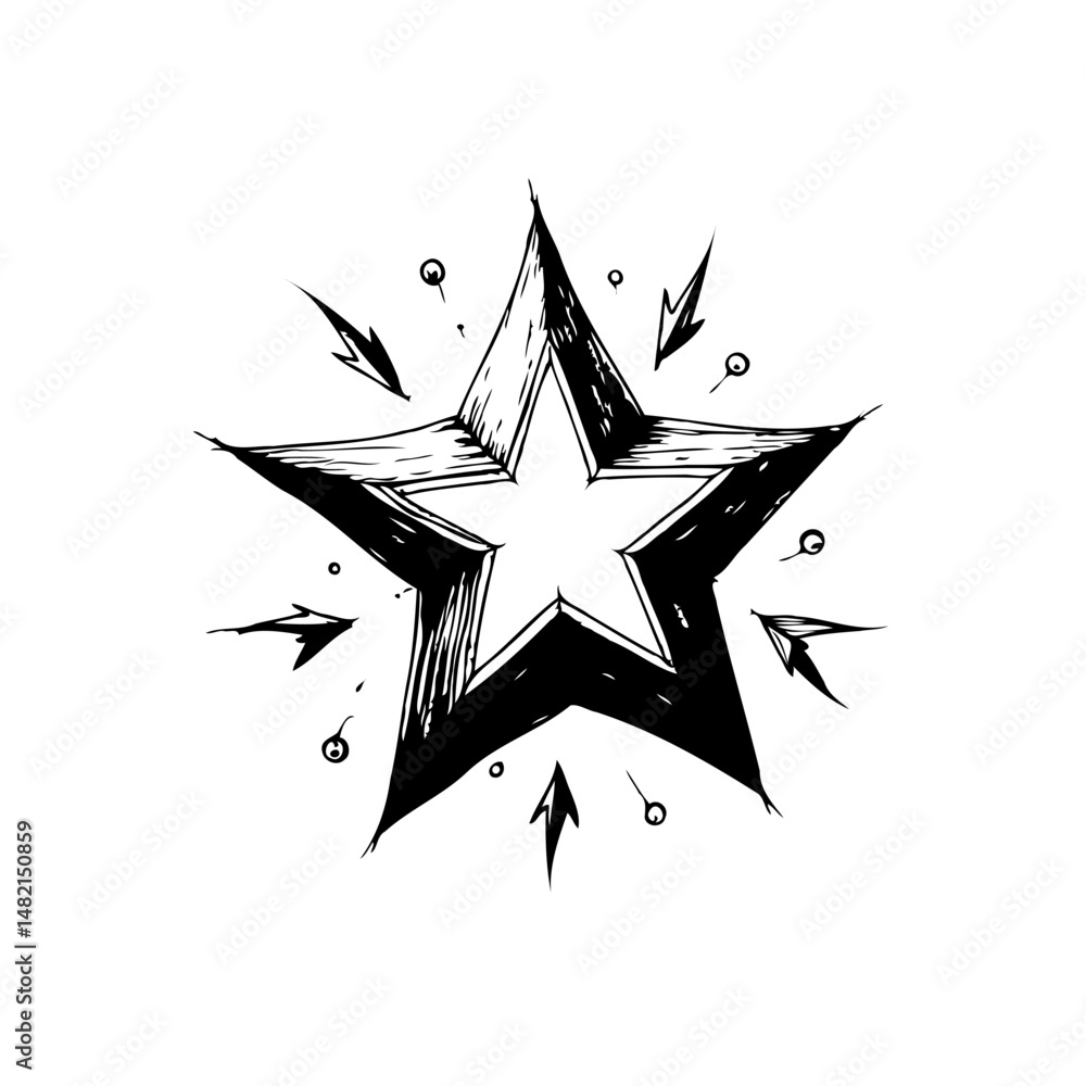 Poster hand-drawn grunge star design with dynamic radial elements on plain background