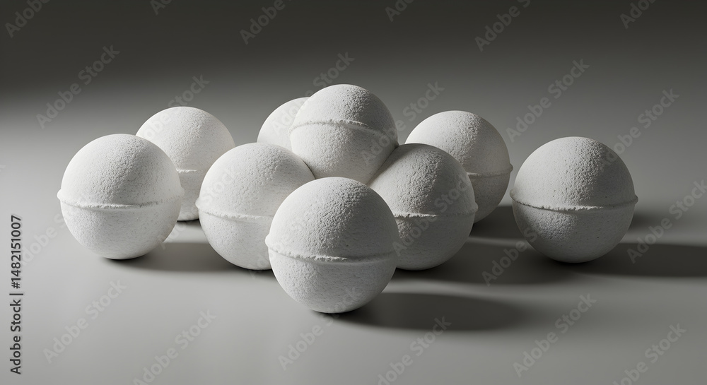 Aufkleber cluster of white textured sphere shaped objects on gray surface in studio lighting