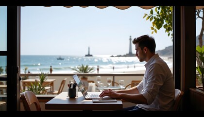 this is an interior photograph featuring a man seated at a desk by a large window with a view of a b