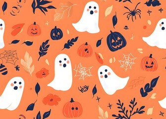 Festive Halloween themed pattern featuring pumpkins, bats, spiderwebs, and spiders.