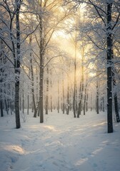 Naklejka premium Photo of Winter Forest Snow Sunlight Through Trees