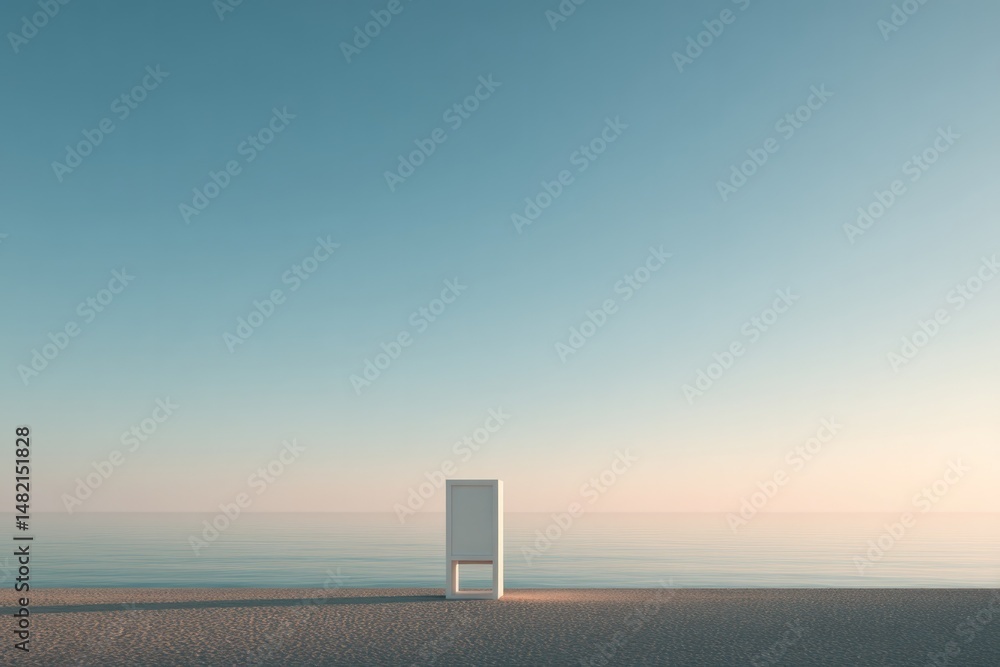 Poster lone empty podium stands quietly on serene beach embracing horizon with ample copy space