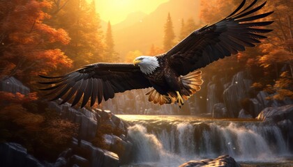 Fototapeta premium Eagle flying freely above the sky, with a stunning mountain backdrop at sunrise view