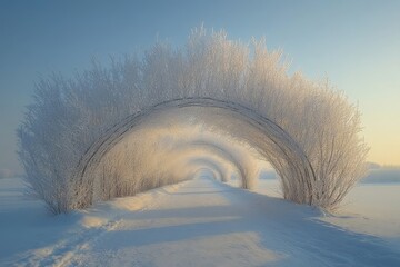 Frosted evergreen trees forming a natural arch over a snowy path, Generative AI