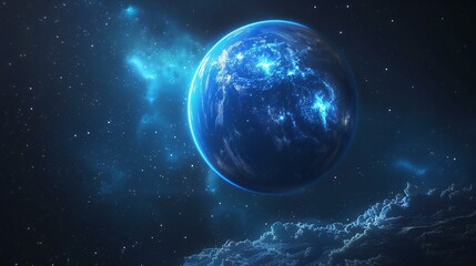 Dark blue sky background with glowing planet and stars.