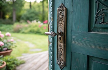 Ornate Antique Door Handle on Teal Wooden Door Opens to Lush Garden