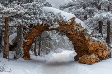 Frosted evergreen trees forming a natural arch over a snowy path, Generative AI