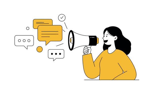 Female communicator with megaphone and speech bubbles in minimalist illustration