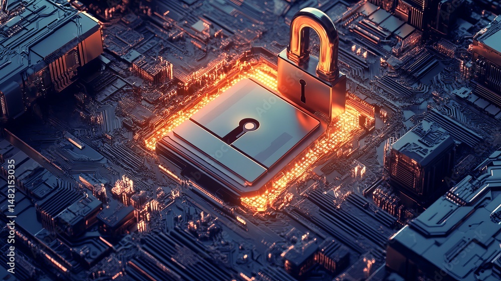 Poster cybersecurity digital lock on circuit board abstract technology background secure data protection mo