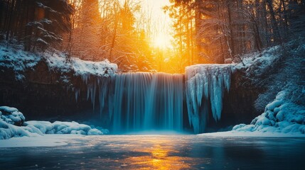 Frozen waterfall glowing with golden light in the early morning, Generative AI