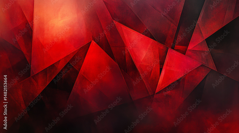 Poster vibrant abstract artwork featuring dynamic red geometric shapes on a dark background illuminated by 