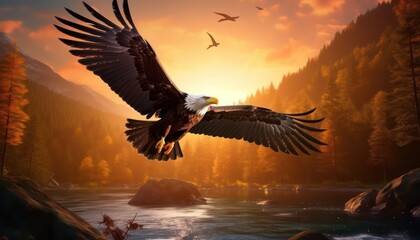 Obraz premium Eagle flying freely above the sky, with a stunning mountain backdrop at sunrise view