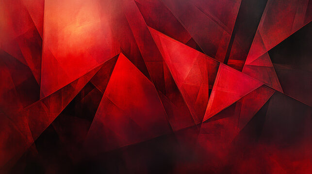 Vibrant abstract artwork featuring dynamic red geometric shapes on a dark background illuminated by warm tones
