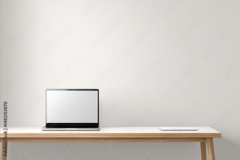 Poster minimalist desktop setup with sleek laptop on tidy table emphasizing clean lines and uncluttered des