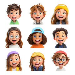Happy diverse children cartoon characters smiling faces set 3d boy fun on transparent background