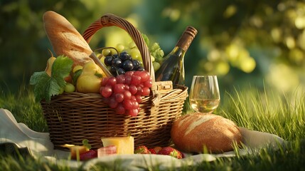 Picnic basket filled with food and drink sits on a blanket in a grassy, sunny outdoor setting.