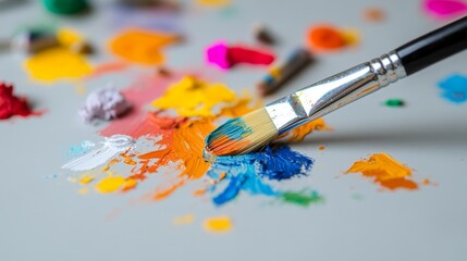 Obraz premium Vibrant paint palette with brush on a creative workspace in bright light showcasing artistic expression and color mixing