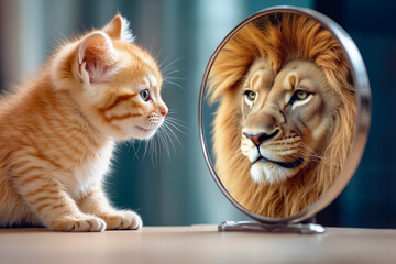A cat looking at a lion in a mirror