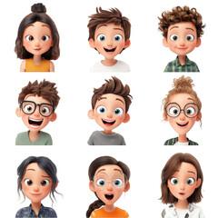Adorable cartoon children happy diverse expressions set illustrations 3d on transparent background