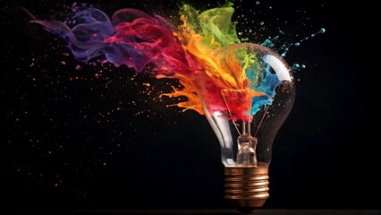 Vibrant Rainbow Paint Explosion Inside a Clear Light Bulb on Black Background