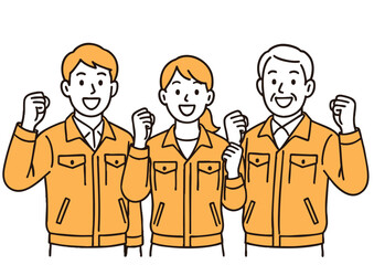 作業服を着た社員チームのガッツポーズイラスト