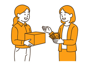 商品と代金を交換する女性ビジネスマンのイラスト
