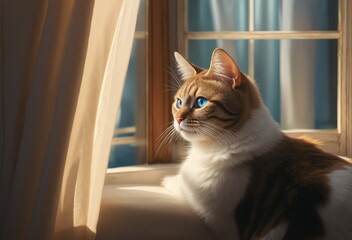 Fluffy cat looking out rainy window with blurred background - Generative AI