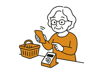 スマホ決済をするシニア女性のイラスト