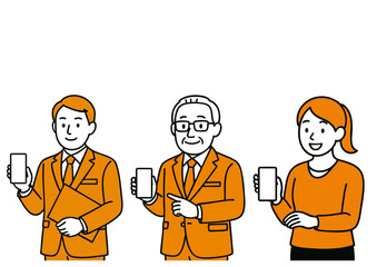 スマホを見せるビジネスパーソンたちの集合イラスト