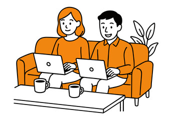 ソファでノートパソコン作業をする男女のイラスト（在宅ワーク・リモート勤務）