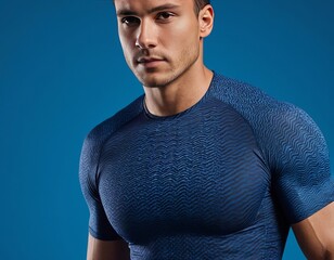 Athletic young Caucasian man in a form-fitting navy blue shirt, exuding confidence against a blue background.