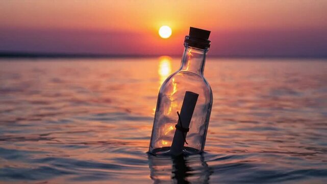 メッセージボトルが夕焼けの海に揺れるドラマチック映像