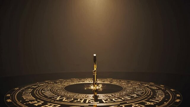 dark chamber filled with swirling mist, a golden key floats in mid-air above a glowing circle inscribed with ancient runes. A beam of golden light rises from the center of the circle, lifting the key 