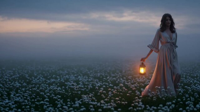 woman in a flowing, pale gown walks slowly through a fog-covered field of wildflowers. The camera follows her from behind as her loose hair drifts in the wind and the hem of her dress trails softly 