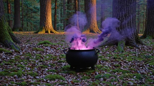 black iron cauldron simmers on a mossy patch beneath towering trees. From its center, thick dark violet smoke rises slowly into the cool air