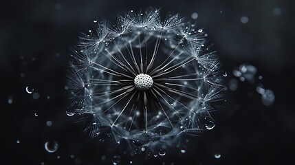 Closeup of a Dandelion Seed Head with Water Drops on a Dark Background .