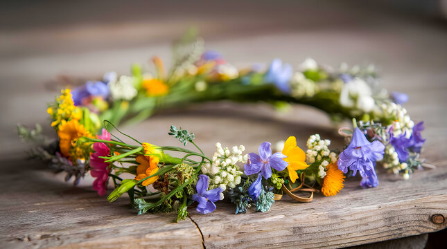 Close up of floral wreath on wooden surface: perfect for midsummer festival branding, folk art promotions, cultural event posters, and nature-inspired photography projects.