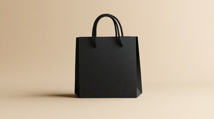 A matte black paper bag with thin handles, placed on a cream background 