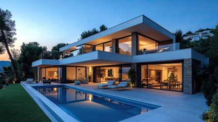 Fototapeta premium A modern villa with a pool, viewed from the garden at night.