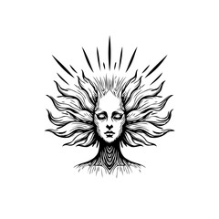 Monochrome depiction of ethereal being radiating mystical emanations