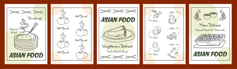Asian food posters with freehand drawing, graphic line art dishes, buns, dumplings, rolls, sushi cafe advertise. Stickers, design decorations, restaurant menu's art. Vector illustration.