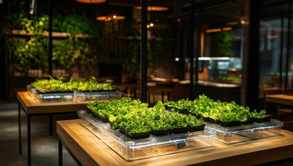 Indoor farm showcasing vibrant, fresh greens in a restaurant setting