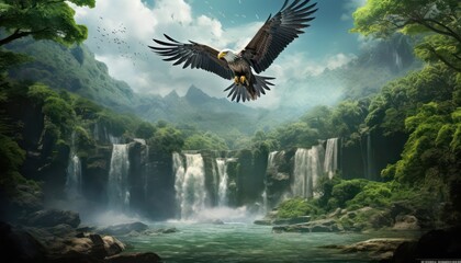 Eagle flying freely above the sky, with a stunning mountain and waterfall backdrop at sunset view