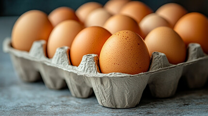 Fresh eggs in a cardboard carton.
